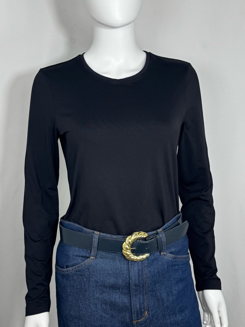 Per Se by Carlisle Black Long Sleeve Crew Neck Top Stretch Minimalist Basic M